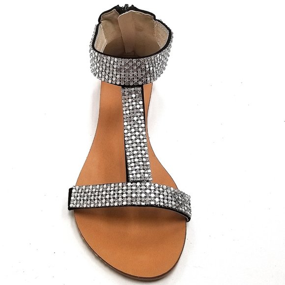 New Black Silver Rhinestone Straps Wedge Sandals - Picture 4 of 5